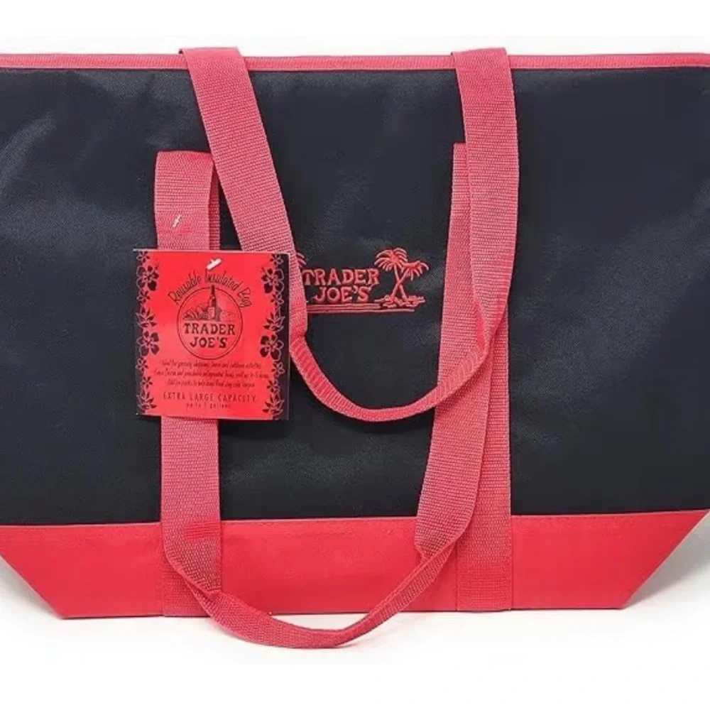 Trader Joes Insulated Reusable Shopping Tote Bag Zip Top Black Red Embroidered - Picture 3 of 9
